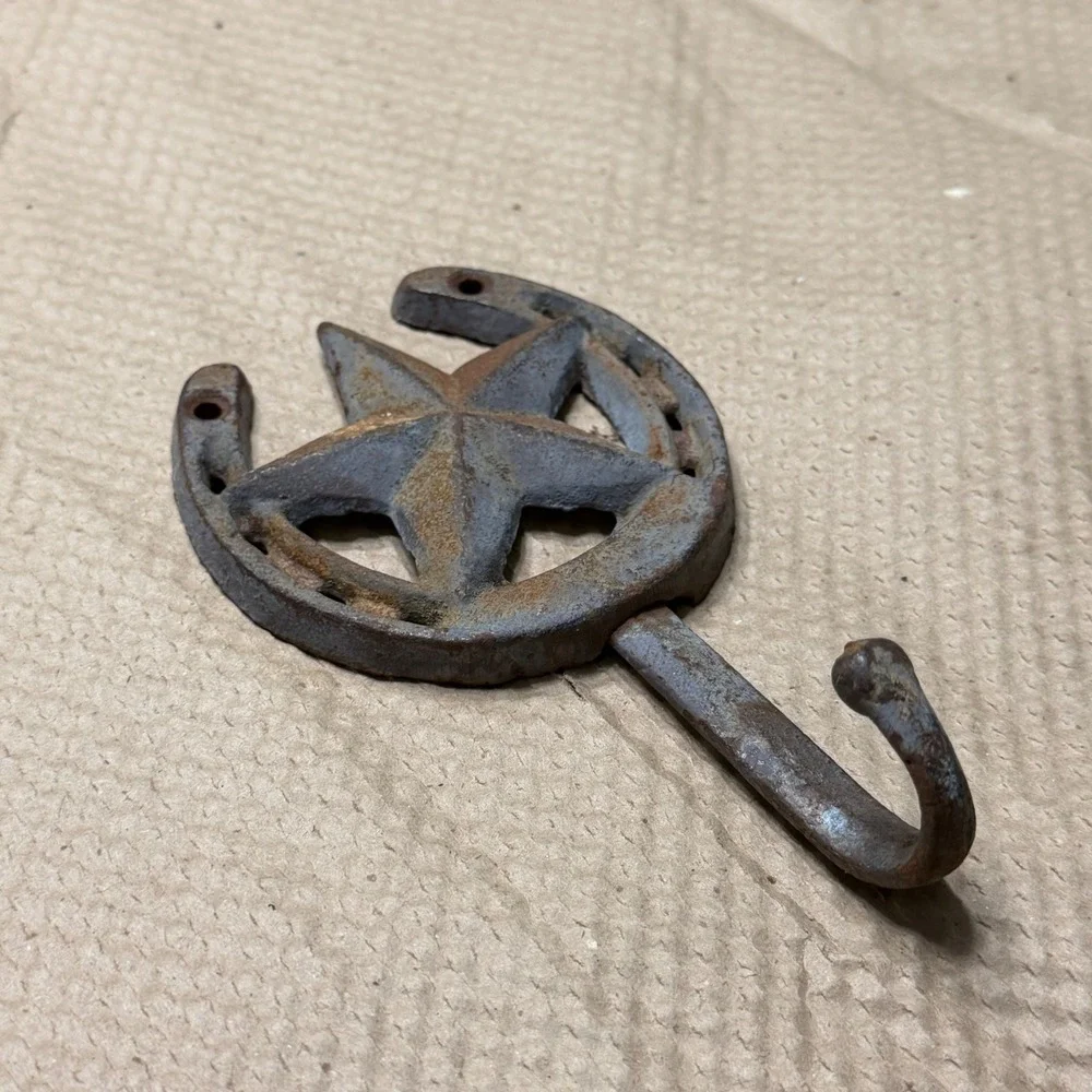 Rustic Cast Iron Horseshoe Texas Star Wall Hook Western Farmhouse‎ Decor Brown